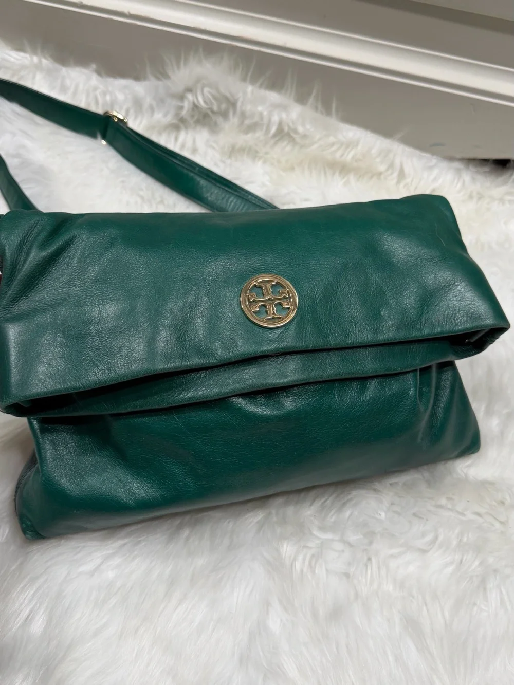 Tory Burch Emerald Green Leather Fold-Over Crossbody with Logo